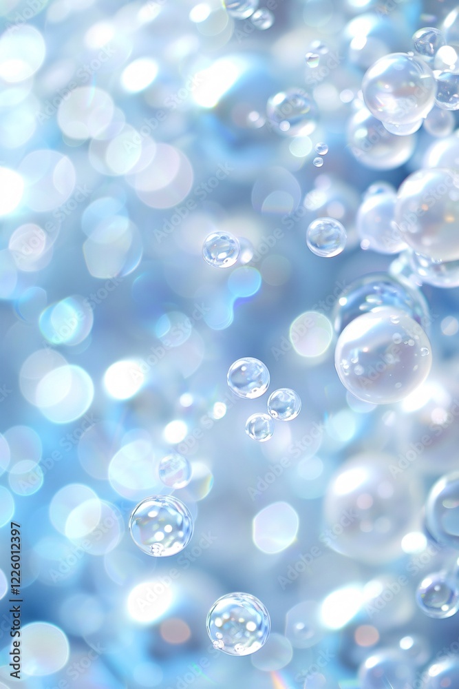 Poster Abstract background with translucent glossy bubbles ascending against a blue backdrop with bokeh