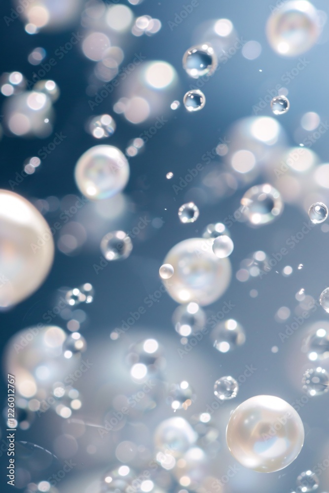 Poster Blue background with floating white and transparent bubbles in an abstract design