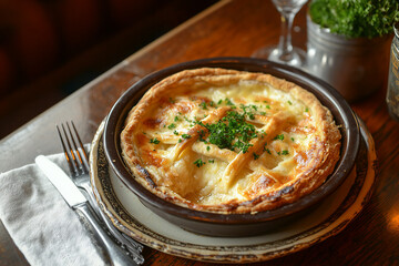 Delicious savory pie with golden crust and herbs, served on a rustic wooden table in a cozy restaurant