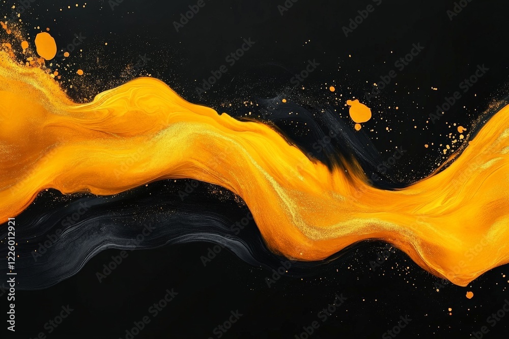 Aufkleber Bright yellow abstract painting with smooth flowing lines and dynamic splashes against a dark background