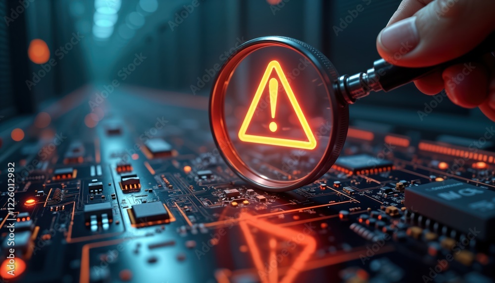 Poster hand holds magnifying glass inspecting circuit board. warning sign highlighted under magnifying glas