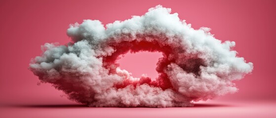 A stylized cloud formation with a pink background, creating a dreamlike atmosphere.