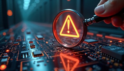 Hand holds magnifying glass inspecting circuit board. Warning sign highlighted under magnifying glass. Tech vulnerability inspection. Data protection concept. Potential security threat on tech board.