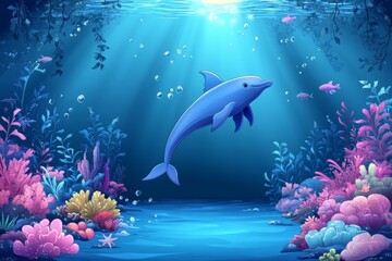 Fototapeta premium Digital illustration of a playful dolphin swimming in a vibrant coral reef underwater landscape