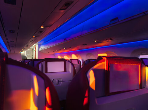 Mood lighting inside an airplane cabin during night flight