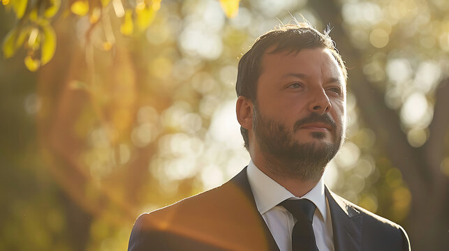 Portrait of Matteo Salvini in a Suit Outdoors