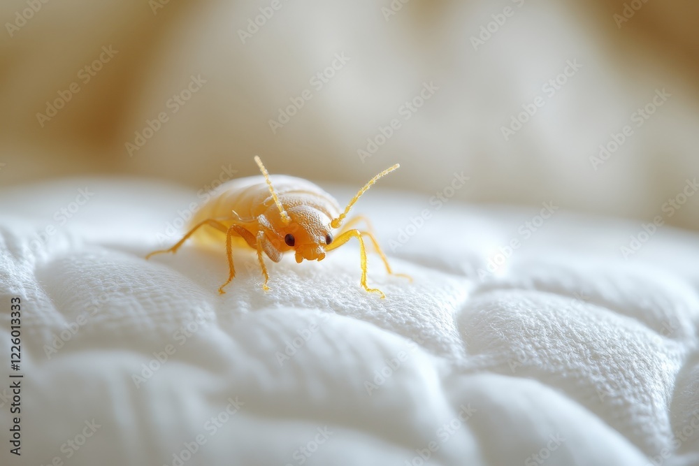 Aufkleber Small yellow bug crawls across a textured surface in a close-up view highlighting its features during daylight hours