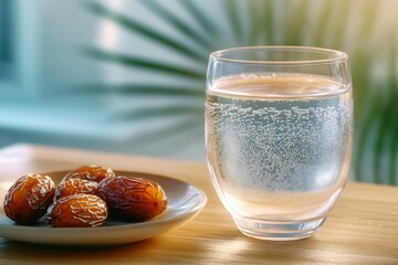 Refreshing dates and sparkling water during Ramadan evening meal before breaking the fast