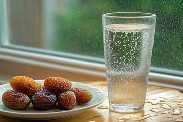 Traditional iftar setting with dates and sparkling water during Ramadan celebrations
