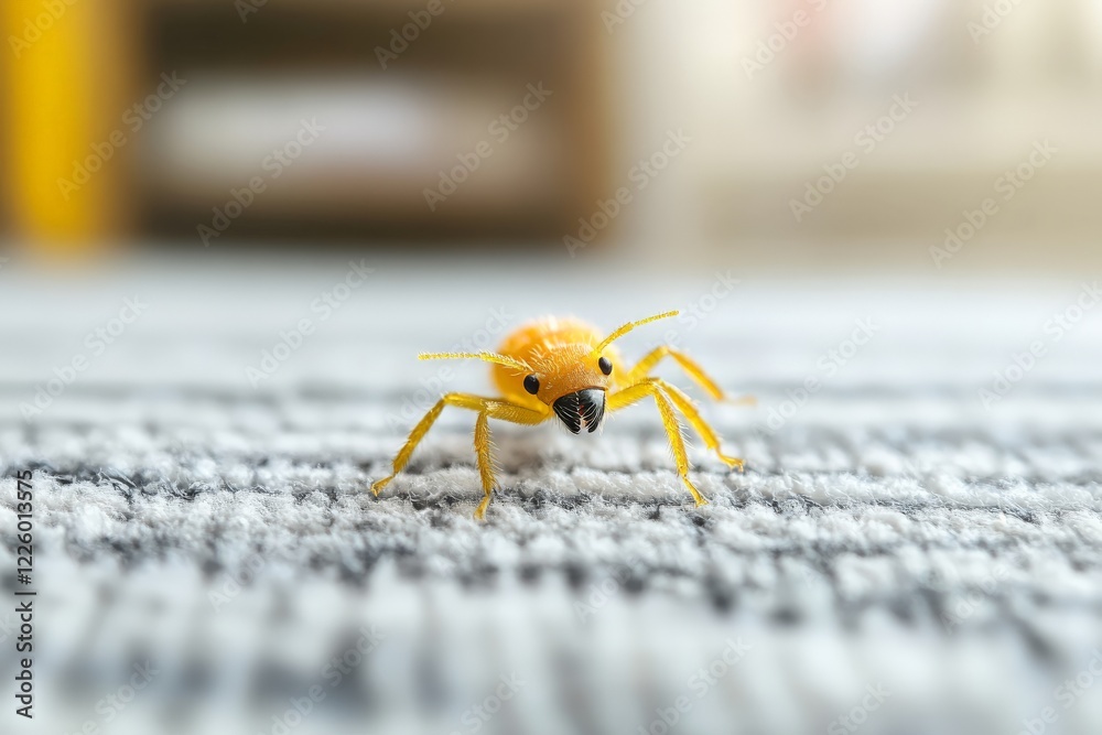 Poster close-up of a yellow insect crawling on a textured surface in a bright indoor setting during the day