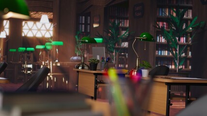 Old fashioned library space with historic charm and beautiful decorations, study desks creating vintage aesthetics. Sophisticated and peaceful environment for learning and wisdom.