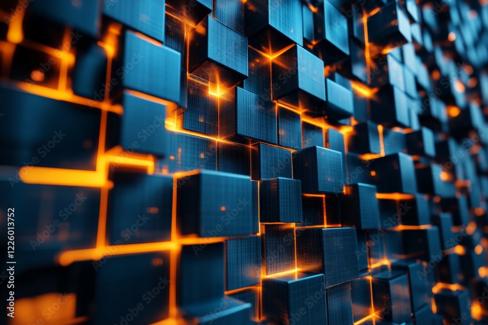 Poster Colorful cubic pattern with glowing elements in a dark environment creating a dynamic visual effect
