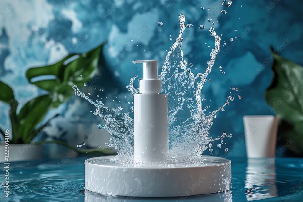 Poster water splashes around a white bottle on a circular stand in a serene bathroom setting with blue back