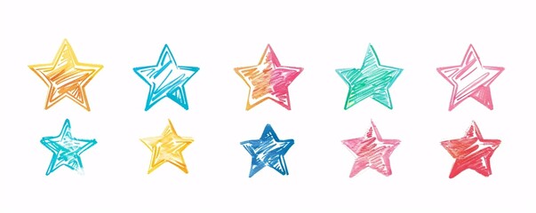 Obraz premium Ten colorful hand-drawn stars are symbolizing rating, feedback, or decoration