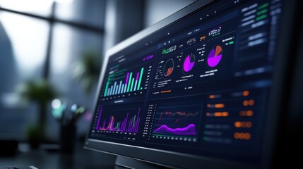 Modern Digital Dashboard Displaying Data Visualization Metrics on Computer Screen in Office Environment