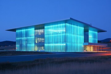 Obraz premium Modern architectural masterpiece illuminated by blue light at dusk in a scenic landscape