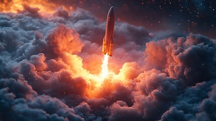 Rocket launching through fiery clouds at night.