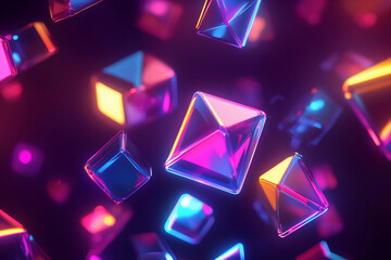 Colorful geometric shapes floating in a vibrant digital space, creating a futuristic atmosphere