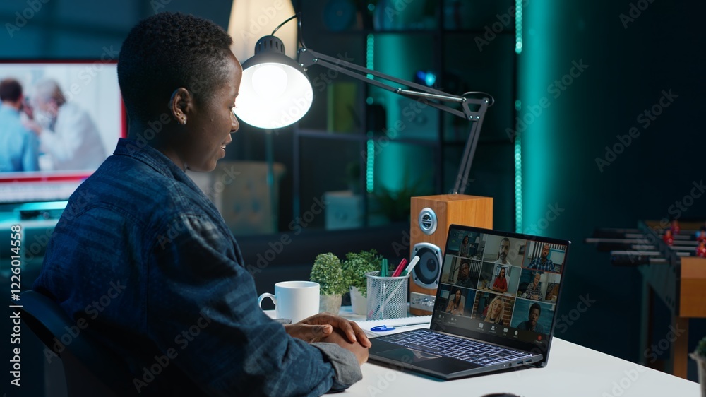 Poster remote employee calls managers remotely using internet videocall to ask for feedback on project prog
