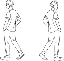 Two stylish young men walking, side view, vector line art illustration