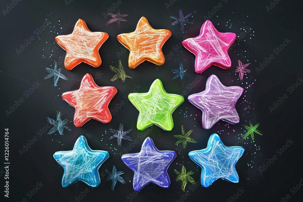 Poster nine colorful christmas ornaments in star shape lying on a dark background with hand drawn snowflake