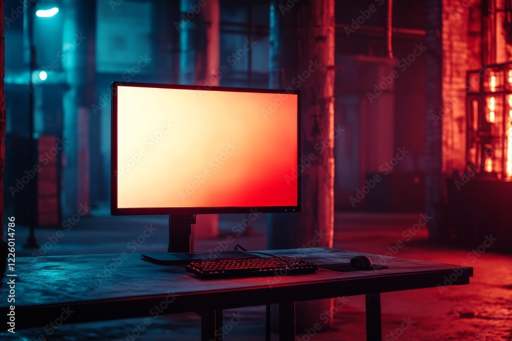 Poster dimly lit industrial space featuring a computer monitor with an orange gradient screen