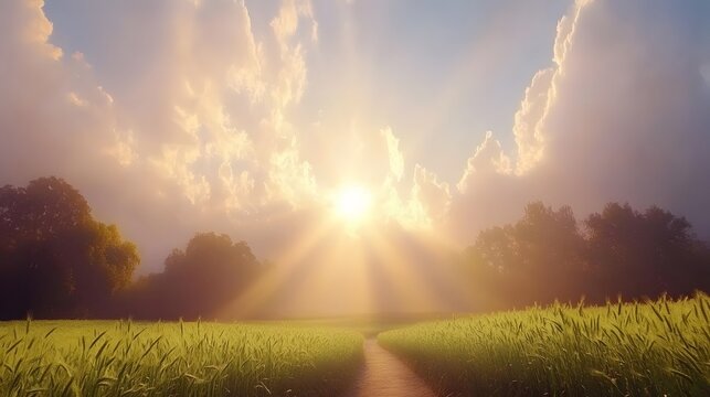 Golden Hour Sunset over Wheat Field Path
