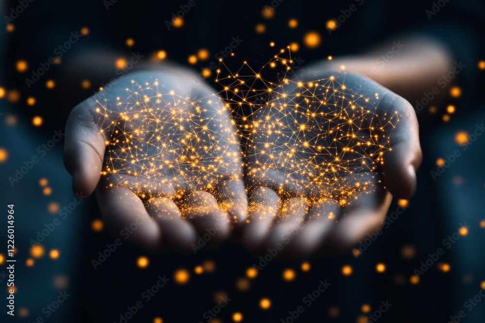 Aufkleber creative hands holding glowing particles in dark space symbolizing innovation and connection