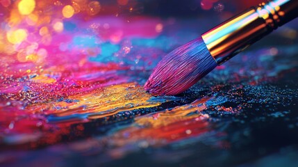 Fototapeta premium Close-up of a digital brush blending vibrant colors on a glowing tablet, AI-designed textures, ultra-realistic finish; modern tech style, crisp resolution