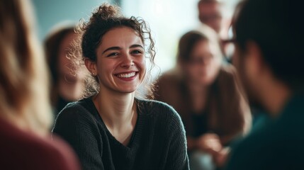 Obraz premium Smiling woman with curls in group setting.