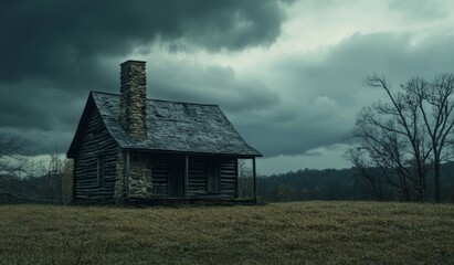 Obraz premium As storm clouds brew on the horizon, an abandoned cabin stands isolated in the Smoky Mountains.