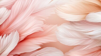 Elegant feather arrangement in repeating patterns, vintage tones of beige and pink, soft brushstrokes, light and airy retro style background