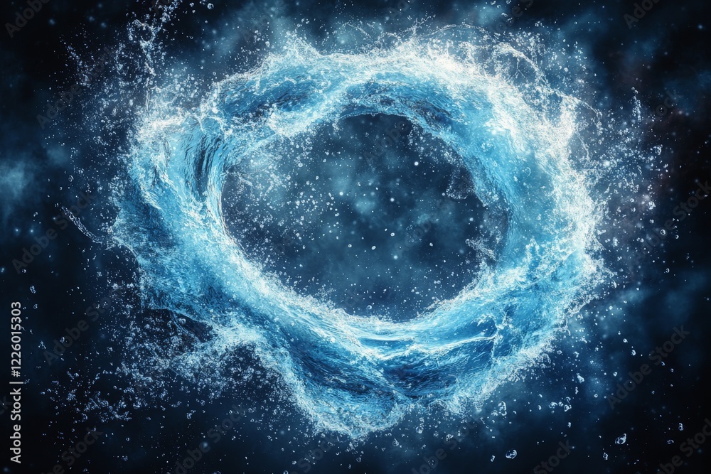 Poster dynamic water splash creating a circular formation against a dark background