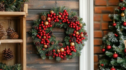 Christmas Wreath Decor: Festive Red and Gold Holiday Ornament on Wooden Wall