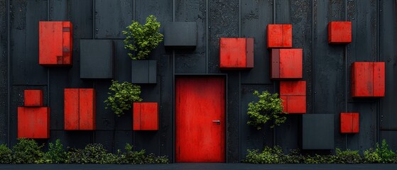 A vibrant red door surrounded by geometric boxes and greenery on a textured wall.