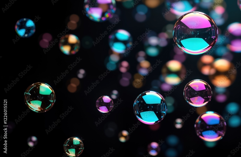 Poster Colorful soap bubbles float against black background. Beautiful vibrant colors reflect light. Abstract shapes create fantasy scene. Floating soap bubbles abstract visual art. Bubbles iridescent,