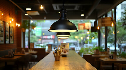 Restaurant interior, pendant lights, city view, wood counter, dining