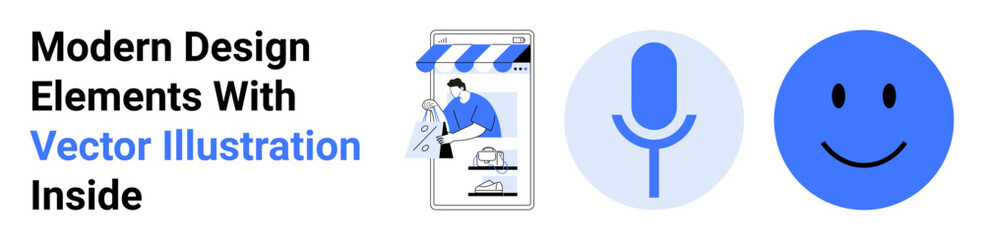 Online shopping app interface with storefront, blue microphone icon, and smiling face emotion. Ideal for e-commerce, technology, media, communication, social connection, branding flat landing page
