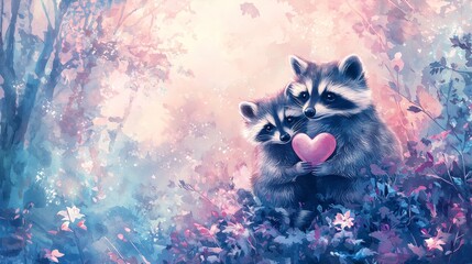Raccoons in a dreamy watercolor scene, one holding a heart-shaped flower, soft pastel shades, ethereal glow, high-resolution illustration