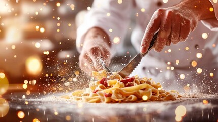 Digital art close-up of chef cutting pasta dough, highlighting technique and textures, warm glow emphasizing the hand-crafted process