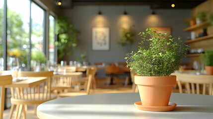 Fototapeta premium Restaurant interior, plant on table, sunny day, blurred background, food service