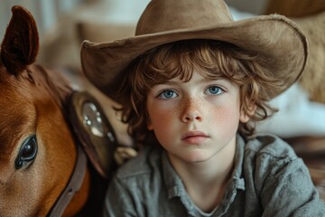 Young boy in cowboy hat poses with his toy horse in a cozy indoor setting during afternoon light