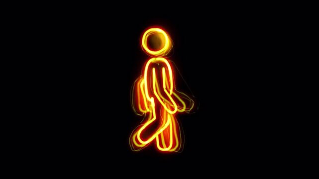 Walk man animation cycle on a transparent alpha channel. Traffic burning glowing light neon sign. Hand drawn scribble doodle style. 