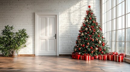 Christmas Tree in a Bright Room with gifts