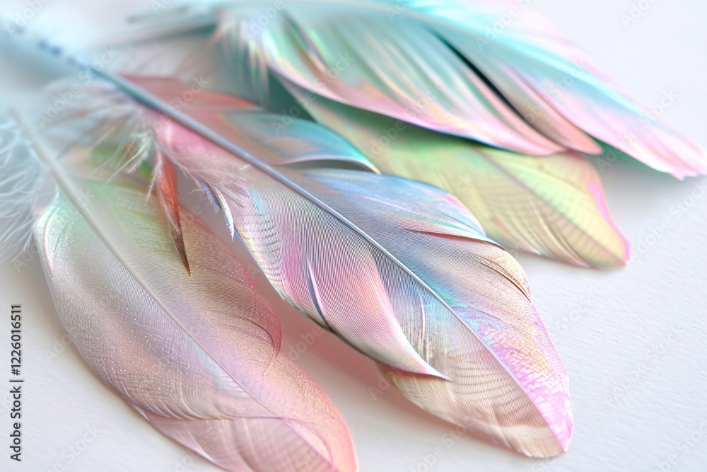 Poster close-up of shimmering pastel feathers resting against a white backdrop