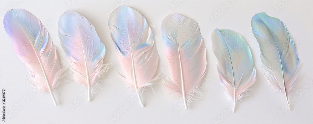 Poster six shimmering pastel feathers resting on a pristine white surface