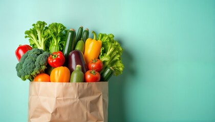 Fresh fruits, vegetables fill brown paper bag. Healthy food shopping concept. Assortment of produce includes colorful peppers tomatoes zucchini broccoli eggplant, lettuce. Grocery shopping delivery