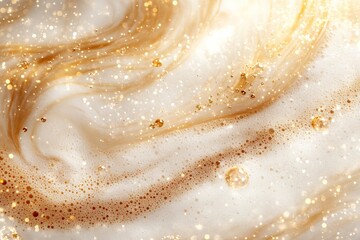 Soft swirls of cream and gold shimmer create a mesmerizing abstract pattern in a tranquil setting