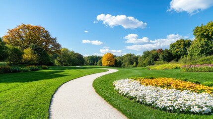 Obraz premium Winding path in autumn park, sunny day, vibrant flowers. Ideal for travel brochures