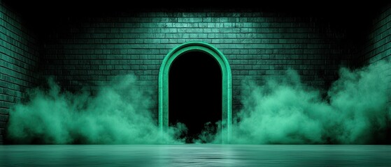 A mysterious green-lit doorway surrounded by fog in a dark, atmospheric setting.